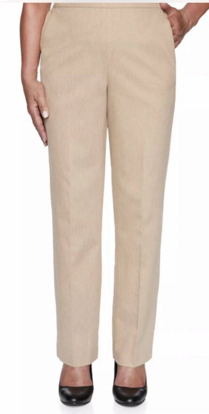 NWT Alfred Dunner Glacier Lake Fawn Tan Sateen Pants Womens 24W Pull On Elastic